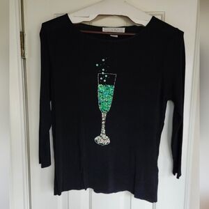 Beaded Champaign Glass Embellished Black Top Size XL, Vintage Lucia Burns